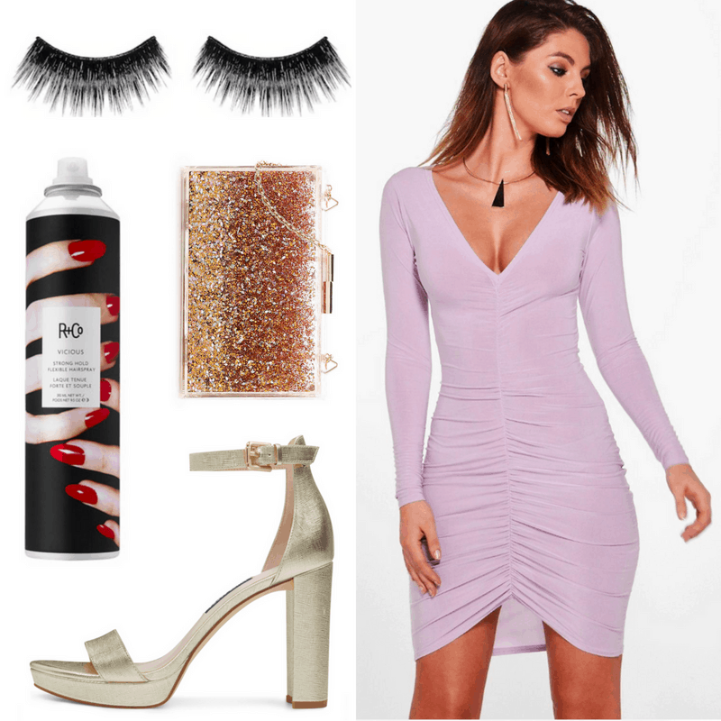 Diana Ross style: Outfit inspired by Diana Ross with false eyelashes, purple bodycon dress, sequin bag, platform heels, hairspray