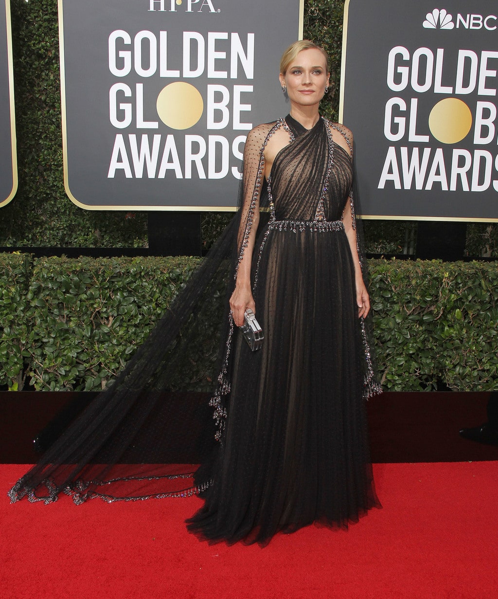 Diane Kruger in a black and silver Prada gown with crisscross neckline at the 2018 Golden Globe Awards red carpet