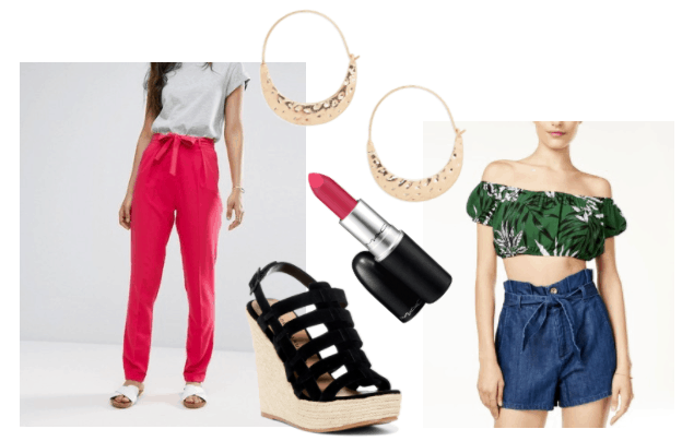 Outfit inspired by Dina from Girls Trip: Pink wide leg pants, strappy black wedges, red lipstick, doorknocker hoop earrings, palm print off shoulder crop top