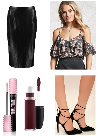 Dinner party outfit inspired by the movie It's Complicated: Off-the-shoulder ruffle top, leather midi skirt, lace-up heels