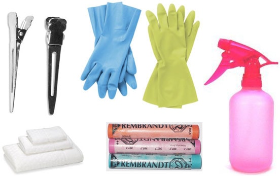 Dip dye hair tools: Rubber gloves, pastels, spray bottle, old towel, hair clips