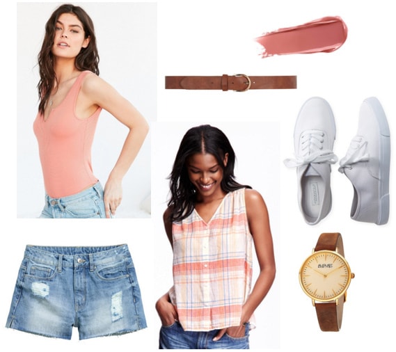 Outfit inspired by Baby from Dirty Dancing - cutoff shorts, bodysuit, plaid shirt, white sneakers