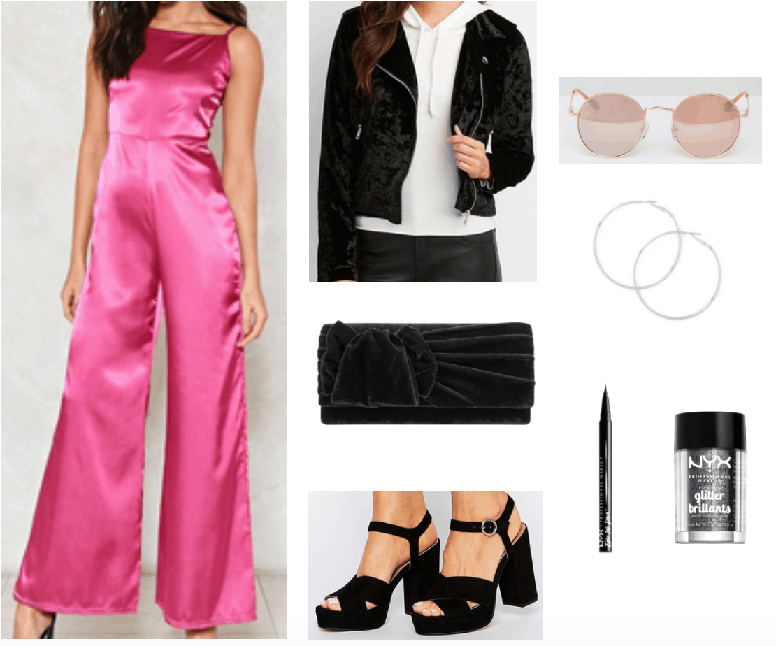 Disco inspired outfit with satin wide-leg jumpsuit and velvet accessories.