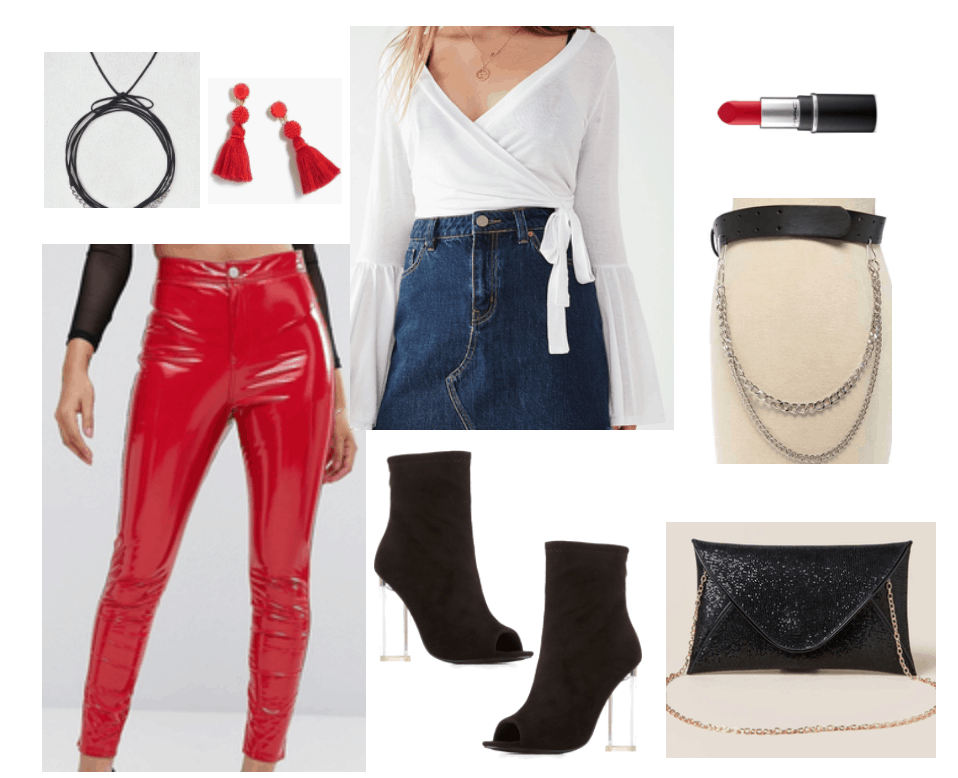 Third disco-inspired outfit includes bright red leather pants and accessories.