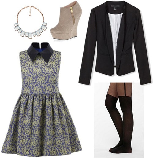 Outfit inspired by Disney's contemporary resort: Art deco-inspired dress, crisp blazer, tights, wedge ankle booties, geometric necklace