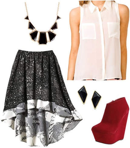 Outfit inspired by Disney's contemporary resort: High-low skirt, sheer button-down blouse, geometric earrings and necklace, suede ankle boots