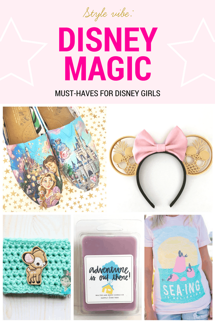 Disney shopping: Must have products for Disney girls including custom painted Rapunzel toms, pineapple mouse ears with bow, Bambi cozy, Adventure is Out There candle, Sea-ing is believing tee shirt