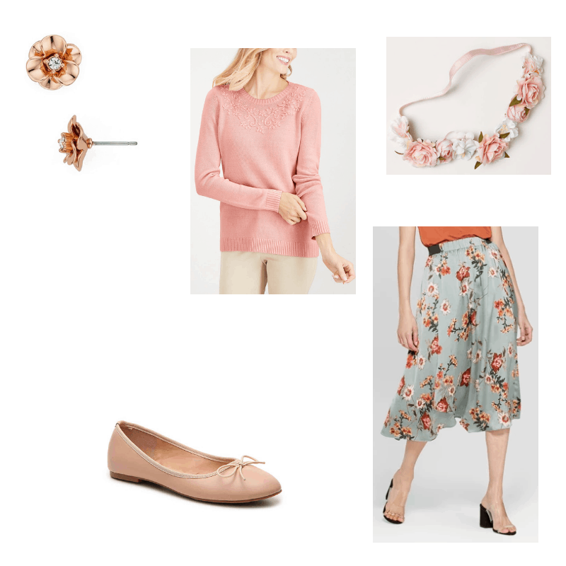 Outfit with pink sweater, floral midi skirt, ballet flats, flower earrings, and flower headband