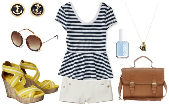 Disney yacht club outfit stripe top white shorts yellow wedges