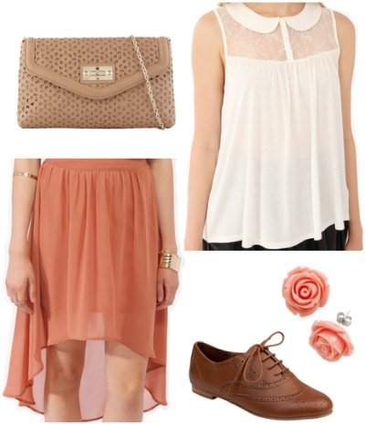 Outfit inspired by Dorothy from The Wizard of Oz: Cream blouse, high-low skirt, oxfords, clutch, retro flower earrings