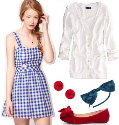 Outfit inspired by Dorothy from The Wizard of Oz: Gingham sundress, white cardigan, red flats, earrings