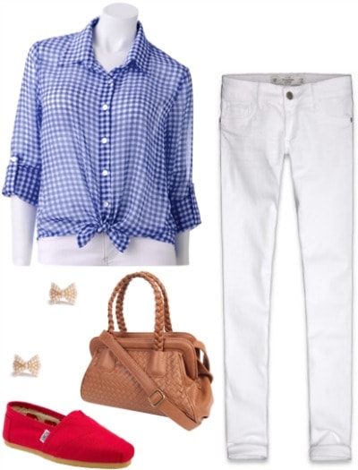 Outfit inspired by Dorothy from The Wizard of Oz: Checkered button-up shirt, white jeggings, red toms, woven satchel