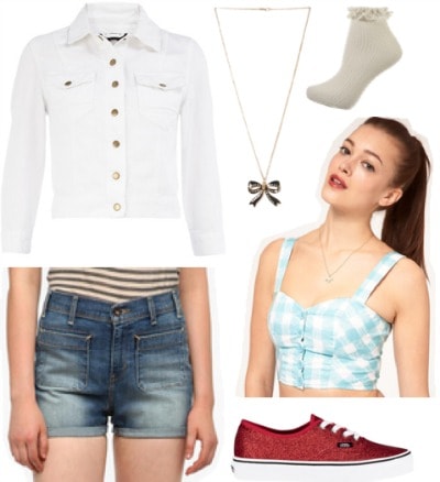 Outfit inspired by Dorothy from The Wizard of Oz: Gingham crop top, high-waisted denim shorts, white jean jacket, red glitter sneakers, ruffle socks