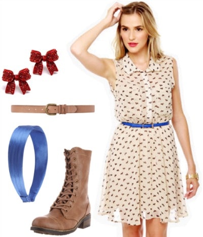 Outfit inspired by Toto from The Wizard of Oz: Cute dress, combat ankle booties, belt, satin headband, bow earrings