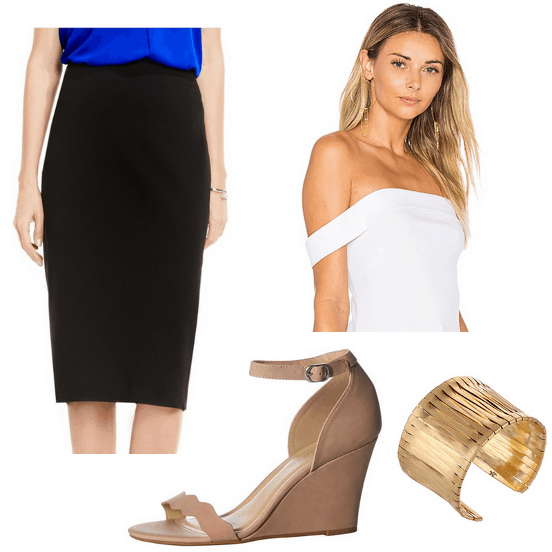 Dorothy Dandridge style: Outfit inspired by Dorothy Dandridge with pencil skirt, off-shoulder top, ankle strap wedges, and chunky bracelet