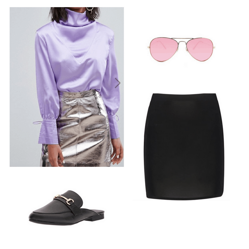 An outfit set of a lavender satin long-sleeved top, a black mini skirt, pink aviators and back mules.