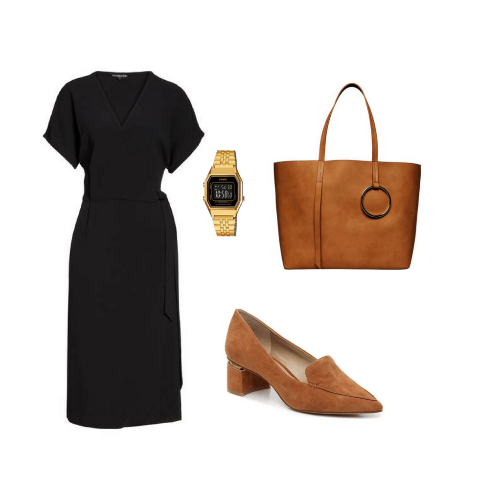 Fashion interview outfit: wrap dress, watch, heels, tote bag