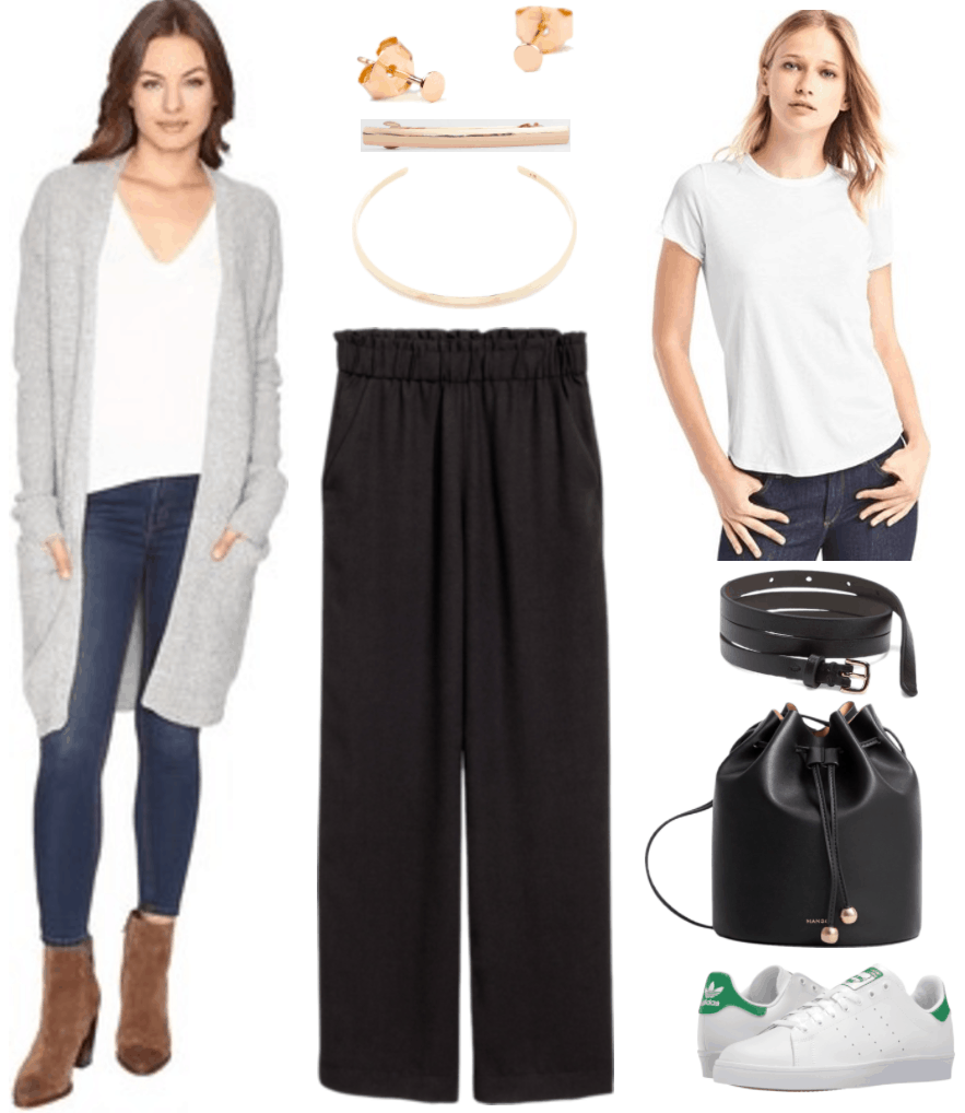 "How to Dress Like You're From SoHo, New York" Outfit #1 featuring long gray cardigan, small gold circle stud earrings, thin gold hair clip, gold beveled choker necklace, black wide-leg pants, white short-sleeved crewneck t-shirt, black skinny belt with gold hardware, black bucket bag with gold balls on drawstrings, white Adidas Stan Smith sneakers with green accents