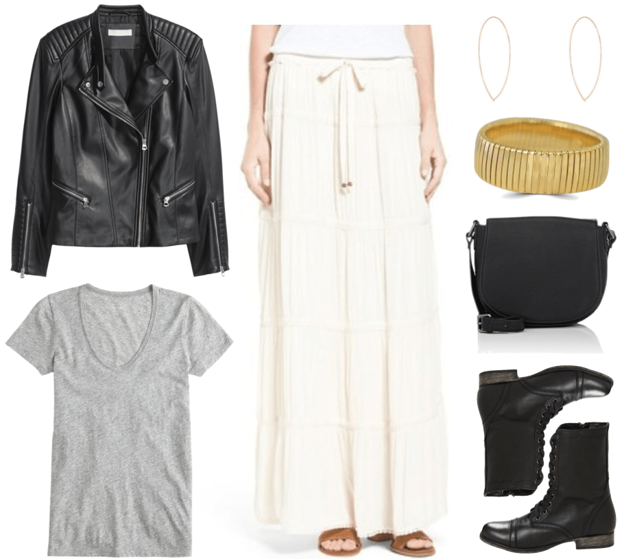 "How to Dress Like You're From SoHo, New York" Outfit #2 featuring black faux leather motorcycle jacket, gray short-sleeved scoop neck t-shirt, off-white tiered maxi skirt with adjustable ties and crochet lace accents, large gold pear-shaped hoop earrings, gold omega-style flat and wide bracelet, black cross-body bag, black combat boots