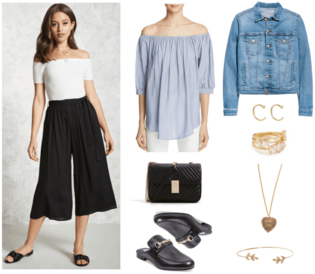 "How to Dress Like You're From SoHo, New York" Outfit #4 featuring black culottes with tie-waist, blue-and-white striped off-the-shoulder three-quarter-sleeved top, black quilted cross-body bag with gold chain strap and hardware, black mules with gold bit-buckle, medium-wash distressed denim jacket, small gold "hug" hoops, set of three gold stacking rings with white cubic zirconia stones, brass heart necklace with "with love" engraving, gold olive branch cuff bracelet
