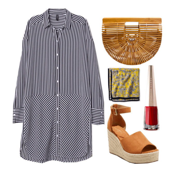 Polyvore set including: blue and white striped dress, a wooden clutch, a floral neck scarf, a pair of espadrille wedges, and fenty lipstick.