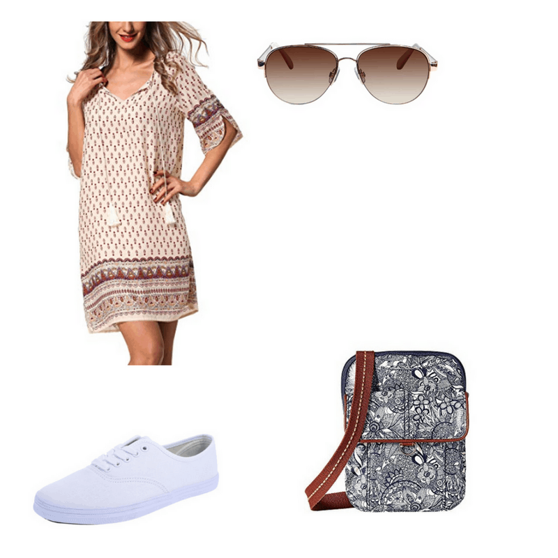 Outfit with printed bohemian dress, white sneakers, aviator sunglasses, and floral messenger bag