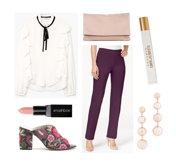 What to wear out with coworkers: Outfit for drinks after work with ruffled blouse, colored trousers, floral mules, pink clutch