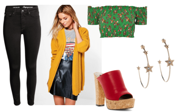 Cute summer outfit idea inspired by Drippy from Ni No Kuni: Wrath of the White Witch: Black skinny jeans, green and red printed off the shoulder crop top, mustard yellow boyfriend cardigan, star hoop earrings, chunky cork platforms with red uppers