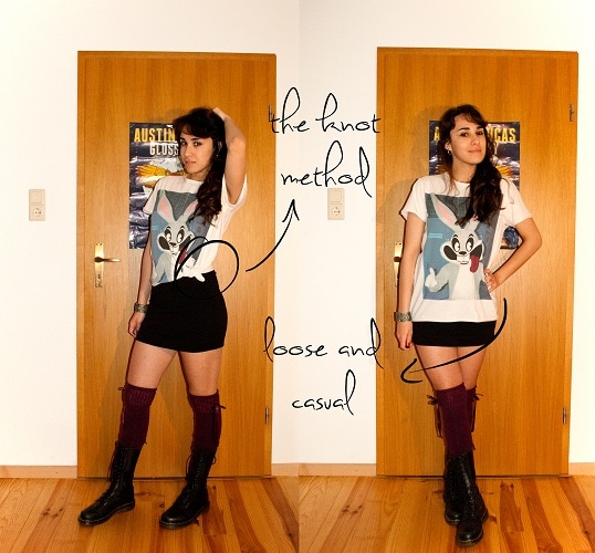 how to wear a boyfriend tee with a skirt and knee high socks