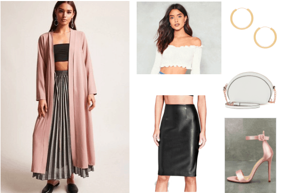 Duster coat outfits: How to style a duster coat for a night out with black faux leather skirt, pink heels, white crop top with long sleeves, white chain strap bag and gold earrings