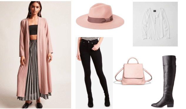 Duster coat outfits: How to style a duster coat for daytime with pink duster coat, pink wool fedora, black skinny jeans, white henley top, riding boots, pink backpack