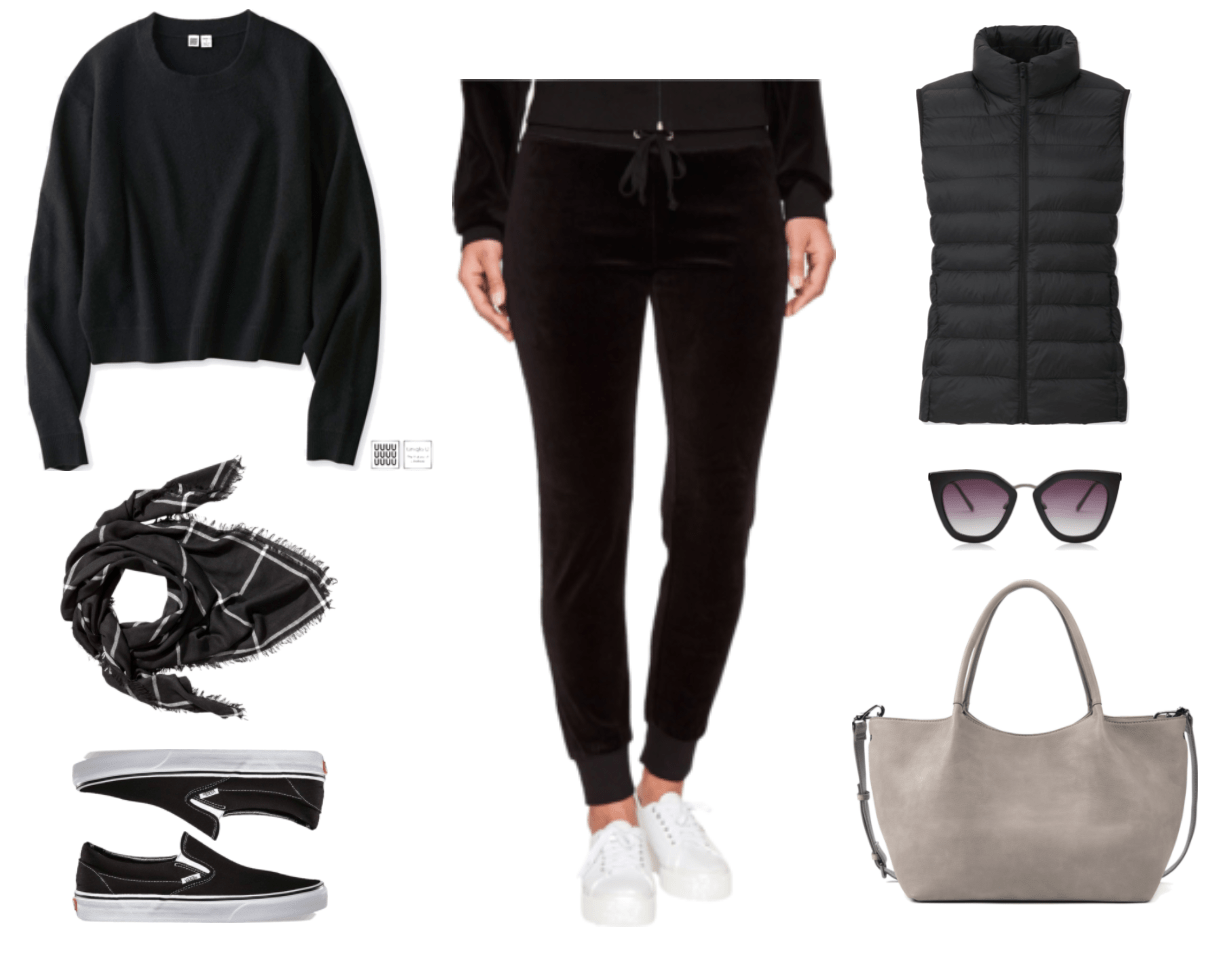 Black crewneck sweater, black square scarf with thin white check pattern, black Vans slip-on sneakers with white details and soles, black velour skinny-leg track pants, black ultra-light down vest, black cat-eye sunglasses with metal bridge and purple ombré lenses, light gray slouchy tote with cross-body strap