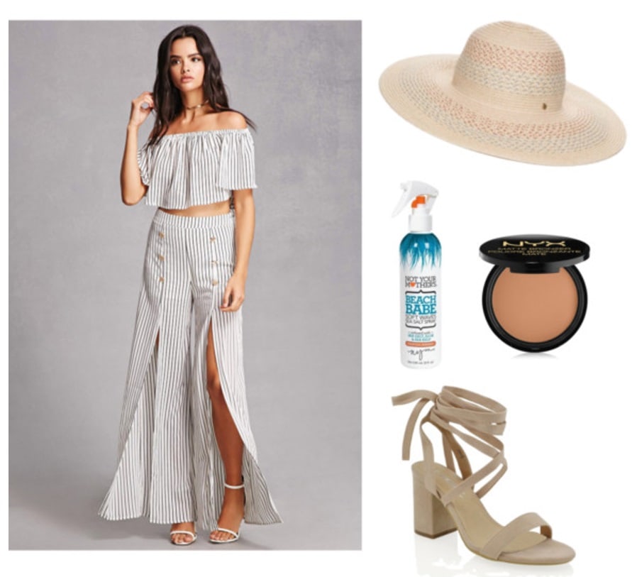 Summer outfit idea: Matching top and pants, hat, sandals.