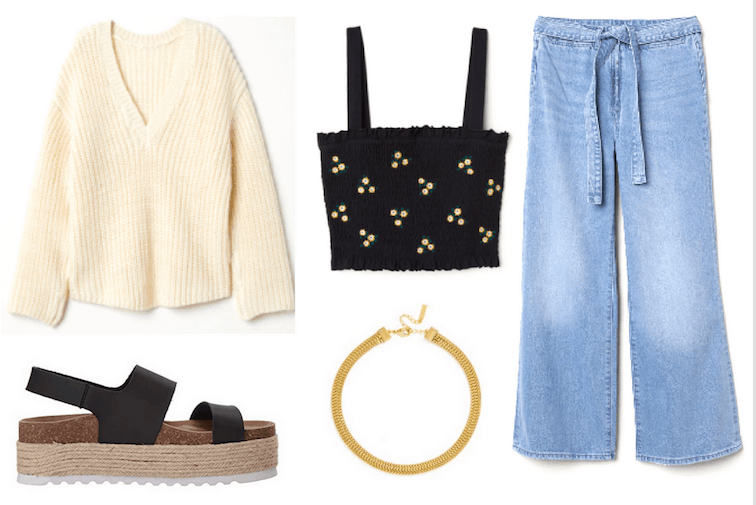 Edgy and artsy summer outfit with black sandals, wide leg jeans, choker necklace, printed crop top, oversized sweater
