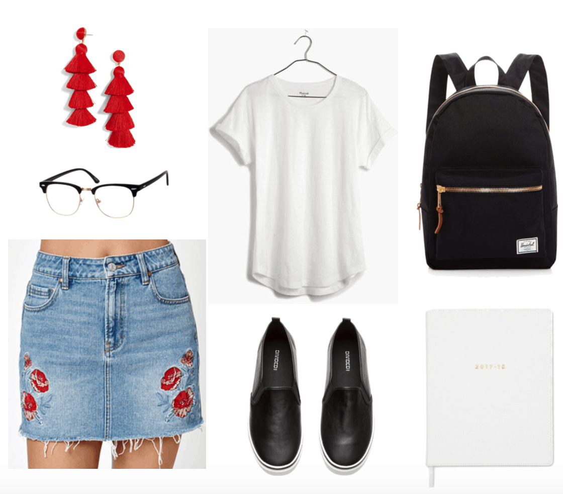 Back to school outfit 2: edgy chic outfit for college with white crew neck tee, embroidered denim skirt, red tassel earrings, black backpack, black platform sneakers, white planner