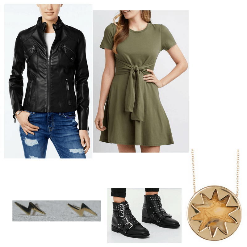 Edgy finals outfit with leather jacket, t-shirt dress, studded booties, big necklace, and bolt earrings