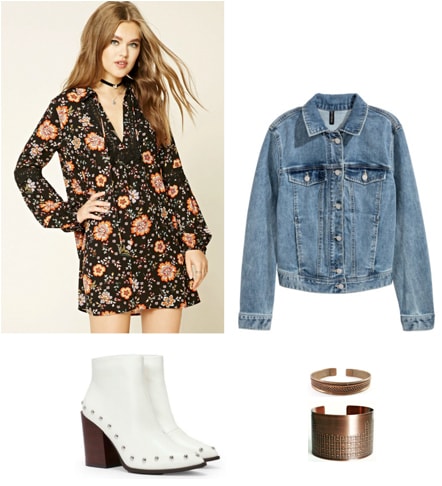 Edgy spring outfit idea: Floral dress, oversized jean jacket, white ankle boots, cuff bracelets