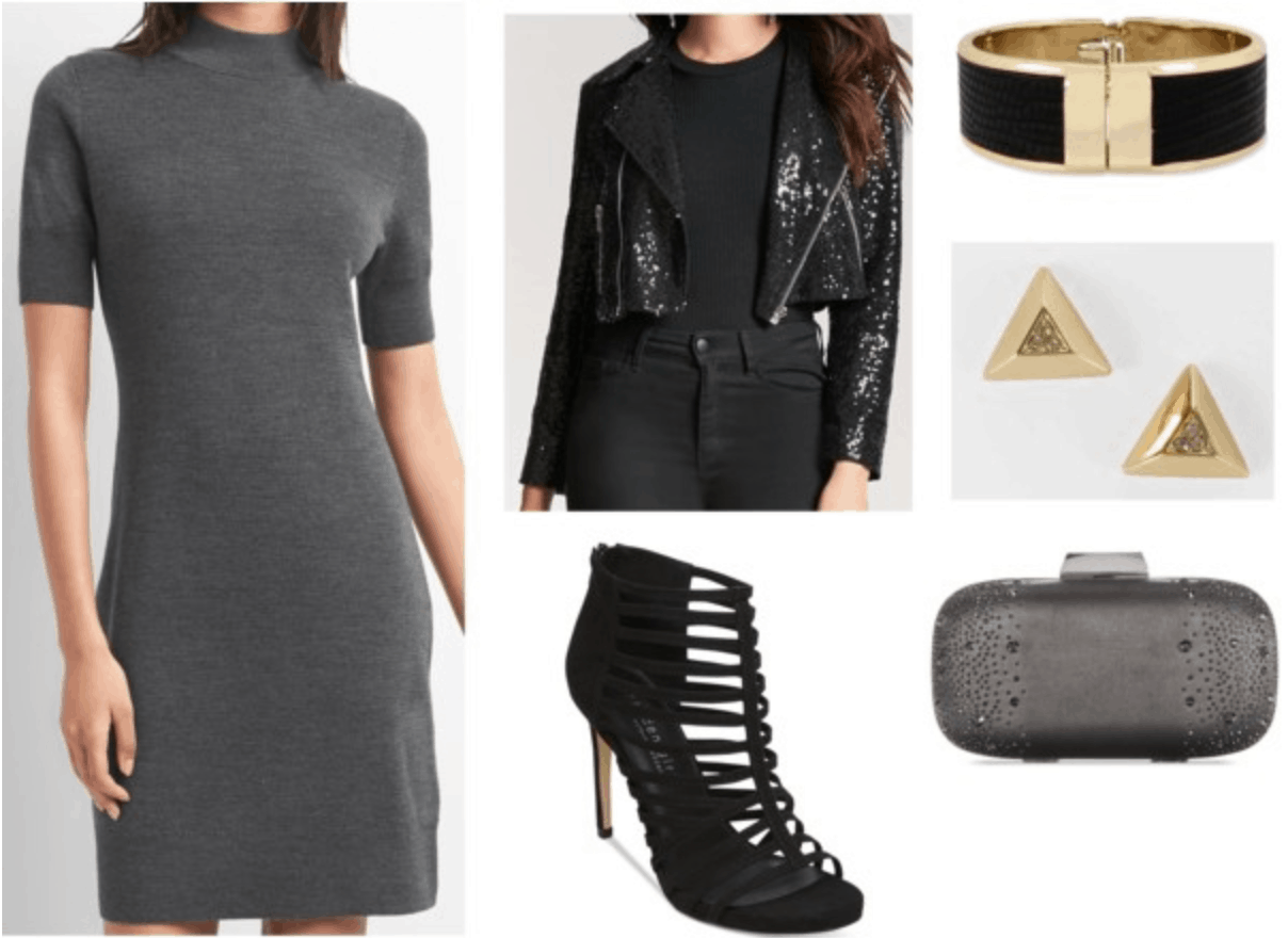 edgy grey dress outfit gray dress sequin moto jacket gold and black cuff gold pyramid earrings black cage heels embellished clutch