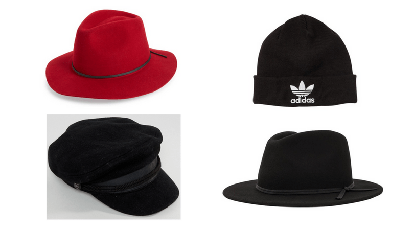 Edgy hats: Red fedora, Adidas beanie, Black fedora, baker boy cap
