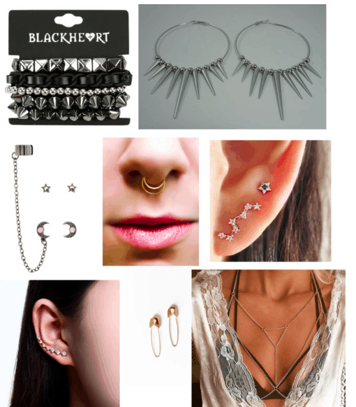 Edgy style: A variety of earrings, a bracelet, a septum ring, and a body chain