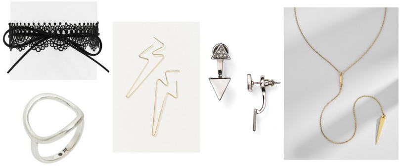Edgy jewelry: Lace choker, silver ring, lightning bolt earrings, ear jackets with triangles, triangle lariat necklace