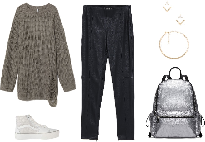 Edgy sneakers outfit: Ripped sweater, faux leather pants, edgy jewelry, metallic backpack, neutral Vans sneakers