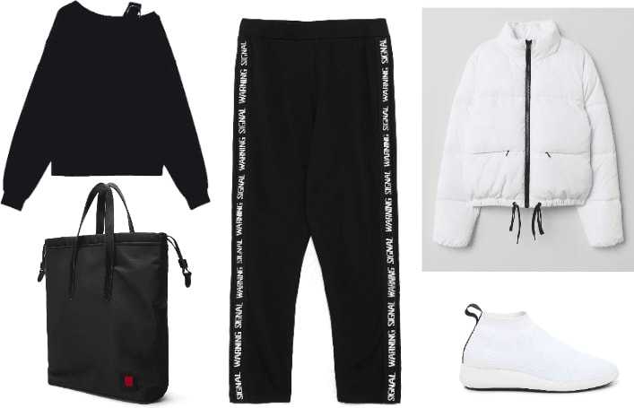 Edgy sneakers outfit: Black sweat pants, off shoulder sweatshirt, white sneakers, white zip puffer jacket