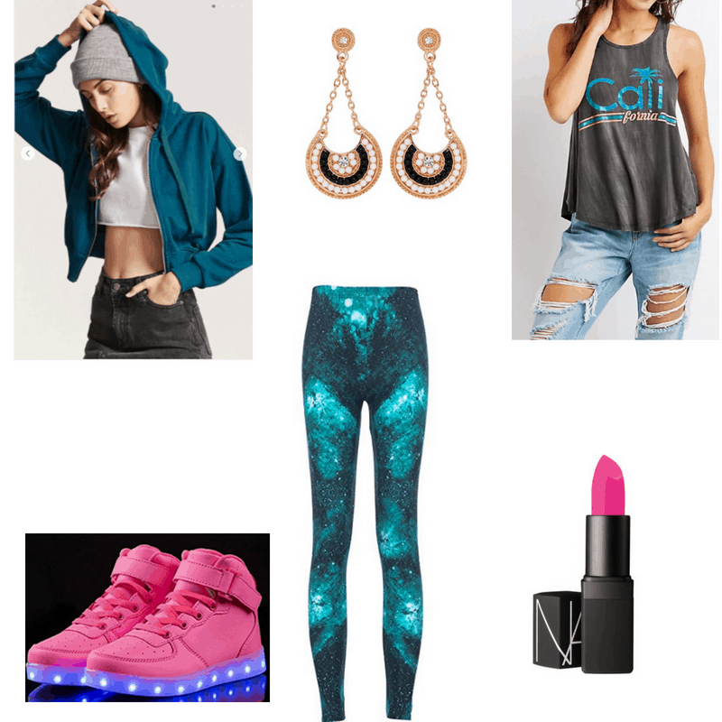 EDM-inspired outfit with hoodie, tank, graphic leggings, statement earrings, pink lipstick, and pink shoes