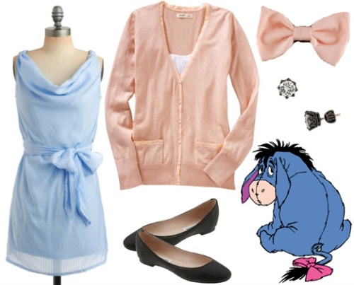 Outfit inspired by Eeyore from Winnie the Pooh - Blue dress, pink sweater, flats, bow