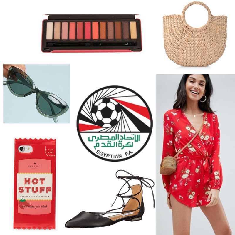 FIFA World Cup outfit inspired by Egypt - Floral romper, lace-up flats, straw bag, eyeshadow palette, Hot Stuff phone case, sunglasses