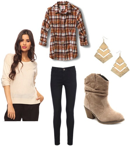 Outfit idea: Forever 21 elbow patch sweater, plaid shirt, black jeans, desert boots