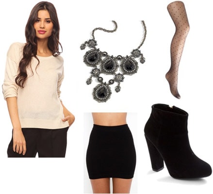 Outfit idea: Forever 21 elbow patch sweater, black bandage skirt, statement necklace, tights, ankle boots