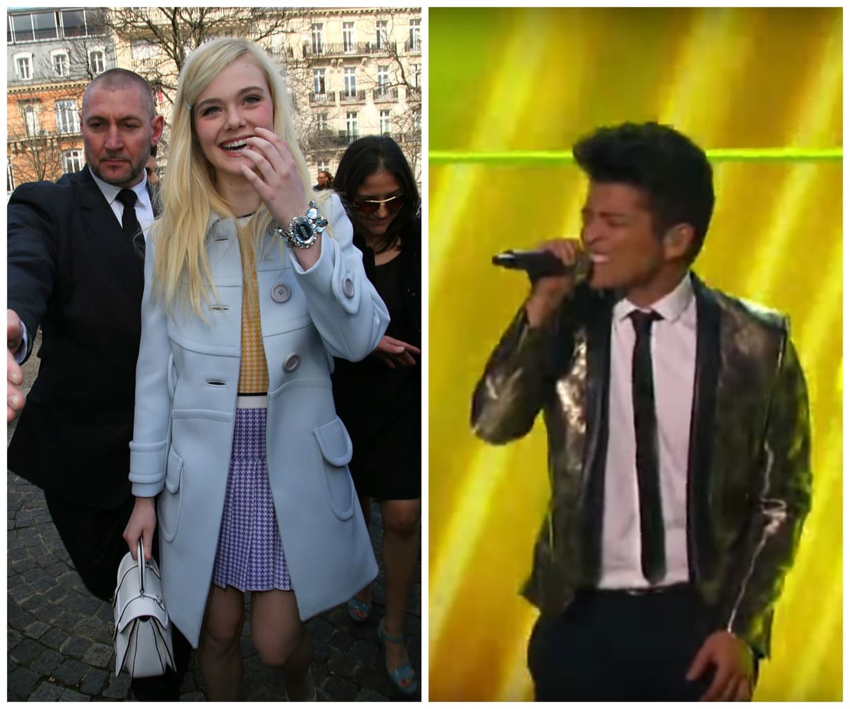 Elle Fanning in a light blue coat and checkered yellow and purple dress with a white handbag, and Bruno Mars in a gold jacket at the superbowl halftime show in 2014