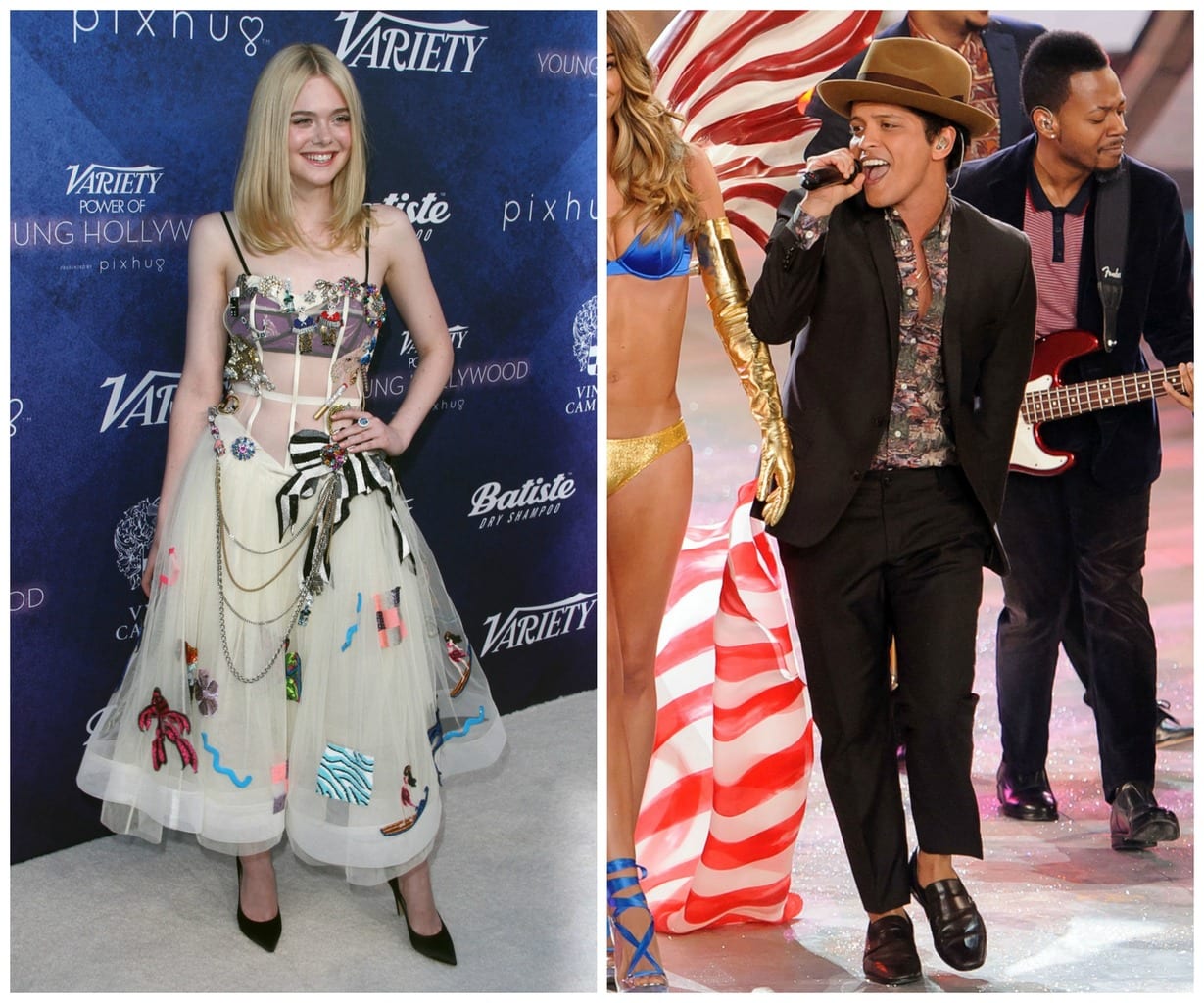 Elle Fanning in a beige tulle dress covered with patches at the Variety Young Hollywood party and Bruno Mars in a suit, hat and patterned shirt at the Victoria's Secret fashion show